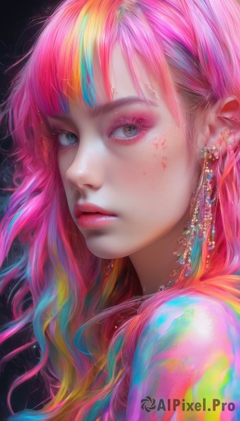 1girl,solo,long hair,looking at viewer,bangs,jewelry,closed mouth,upper body,pink hair,multicolored hair,earrings,parted lips,from side,lips,streaked hair,grey eyes,eyelashes,blood,gradient hair,makeup,piercing,lipstick,portrait,eyeshadow,freckles,pink lips,realistic,nose,red lips,eyeliner,colorful,mascara,rainbow hair,blue eyes,artist name,orange hair,aqua hair,watermark,black background,gem,ear piercing