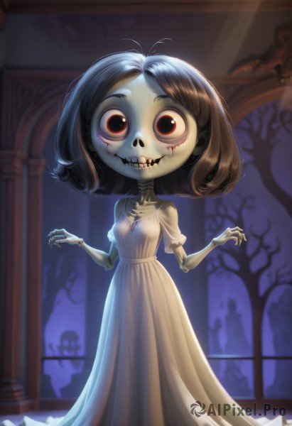 1girl,solo,breasts,looking at viewer,smile,short hair,brown hair,black hair,red eyes,dress,standing,short sleeves,teeth,solo focus,indoors,medium hair,white dress,tree,window,blood,colored skin,child,ghost,long dress,stitches,grey skin,skeleton,bare tree,zombie,horror (theme),undead,small breasts,artist name,grin,blurry,black eyes,parted bangs,pale skin,skull