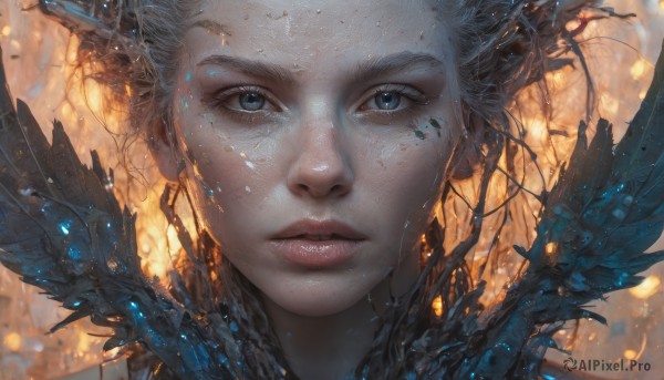 1girl,solo,looking at viewer,short hair,blue eyes,closed mouth,wings,artist name,blurry,lips,grey eyes,eyelashes,blurry background,portrait,close-up,freckles,realistic,nose,parted lips,glowing,bird,watermark,expressionless,web address,light particles,straight-on