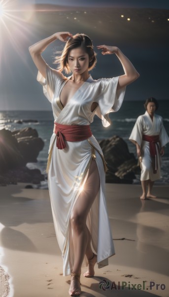 1girl,breasts,looking at viewer,brown hair,black hair,1boy,cleavage,brown eyes,jewelry,medium breasts,standing,full body,outdoors,japanese clothes,barefoot,solo focus,kimono,water,arms up,lips,sash,toes,ocean,beach,sandals,sunlight,side slit,walking,realistic,sand,adjusting hair,short hair,dress,wet,legs,robe,anklet,dirty