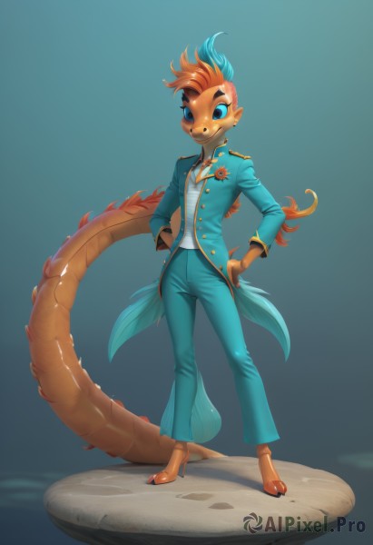 1girl,solo,long hair,looking at viewer,smile,blue eyes,shirt,jewelry,standing,jacket,tail,full body,white shirt,red hair,open clothes,pants,orange hair,high heels,blue background,formal,suit,monster girl,furry,personification,colored sclera,hands on hips,furry female,blue pants,faux figurine,lizard tail,breasts,simple background,long sleeves,animal ears,closed mouth,blue hair,flower,multicolored hair,small breasts,teeth,artist name,two-tone hair,open jacket,gradient,gradient background,buttons,brown footwear,blue jacket,multiple tails,claws,hands in pockets,blue coat,green pants,snout,two-tone fur,orange footwear,coattails,mohawk,tailcoat,eyebrow piercing,orange fur