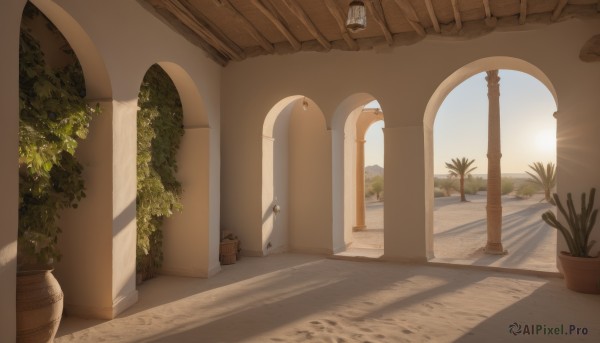 outdoors,sky,day,indoors,tree,no humans,window,shadow,sunlight,plant,building,scenery,stairs,door,sun,potted plant,light,pillar,flower pot,arch,column,blue sky,open door,desert