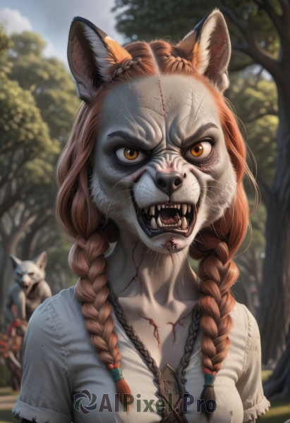 1girl,solo,long hair,breasts,looking at viewer,open mouth,brown hair,shirt,animal ears,brown eyes,jewelry,white shirt,upper body,braid,outdoors,teeth,day,artist name,necklace,blurry,twin braids,tree,orange eyes,torn clothes,fox ears,blood,depth of field,blurry background,fangs,sharp teeth,hair over shoulder,angry,furry,injury,blood on face,furry female,stitches,werewolf,collarbone,short sleeves,solo focus,signature,animal,scar,wolf ears,nature,forest,realistic,dirty,zombie,wolf