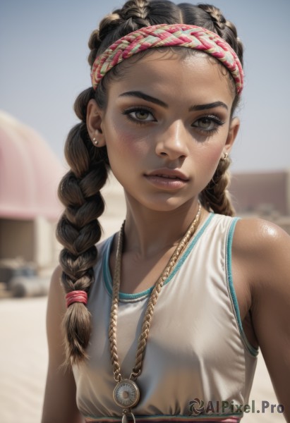 1girl,solo,long hair,breasts,looking at viewer,brown hair,black hair,dress,bare shoulders,brown eyes,jewelry,collarbone,upper body,braid,hairband,earrings,small breasts,outdoors,parted lips,sleeveless,day,dark skin,necklace,blurry,twin braids,dark-skinned female,lips,eyelashes,sleeveless shirt,depth of field,blurry background,headband,piercing,forehead,freckles,realistic,nose,multiple braids,tank top