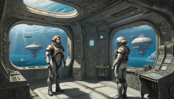 1girl,1boy,standing,ass,multiple boys,cloud,2boys,water,facial hair,ocean,sunlight,helmet,scenery,science fiction,realistic,aircraft,pilot suit,planet,spacecraft,spacesuit,pilot,astronaut,sky,day,armor,bodysuit,floating,light rays,horizon,space,redesign