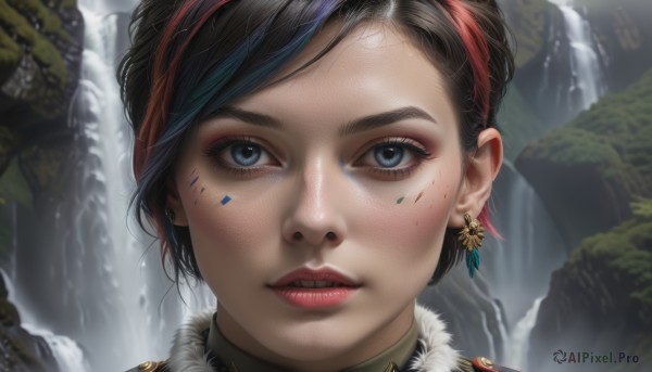 1girl,solo,looking at viewer,short hair,blue eyes,brown hair,black hair,jewelry,multicolored hair,hairband,earrings,parted lips,teeth,water,lips,eyelashes,makeup,facial mark,piercing,portrait,close-up,freckles,realistic,nose,red lips,facepaint,waterfall,blue hair,choker