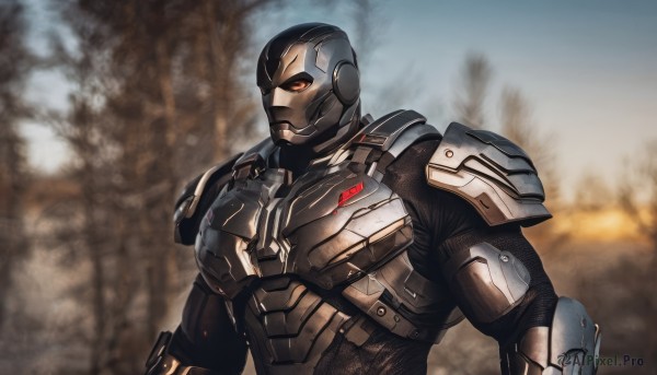 solo,1boy,upper body,weapon,male focus,armor,blurry,mask,blurry background,helmet,science fiction,explosion,power armor,red eyes,orange eyes,muscular,realistic