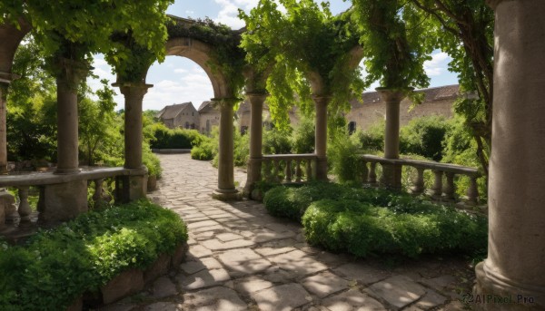 outdoors,sky,day,cloud,tree,blue sky,dutch angle,no humans,sunlight,cloudy sky,grass,plant,building,nature,scenery,stairs,road,bush,ruins,pillar,statue,path,arch,column,shade,architecture,pavement