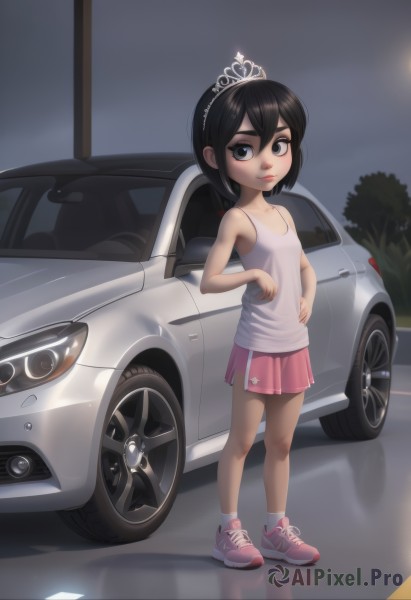 1girl,solo,looking at viewer,short hair,blue eyes,skirt,shirt,black hair,hair between eyes,bare shoulders,standing,full body,pleated skirt,small breasts,outdoors,shoes,socks,miniskirt,black eyes,grey eyes,makeup,night,tank top,tiara,ground vehicle,sneakers,child,motor vehicle,pink skirt,reflection,pink footwear,female child,car,vehicle focus,white tank top,sports car,flat chest,hand on hip,aged down