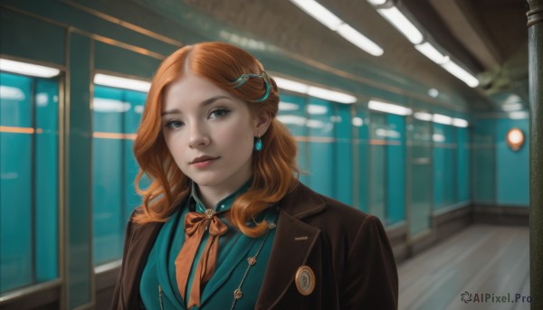 1girl,solo,long hair,looking at viewer,smile,blue eyes,brown hair,shirt,hair ornament,bow,ribbon,jewelry,jacket,upper body,earrings,hairclip,indoors,orange hair,lips,coat,window,makeup,formal,realistic,orange bow,nose,red hair,parted lips,bowtie,blurry,vest,grey eyes,blurry background,freckles,orange bowtie