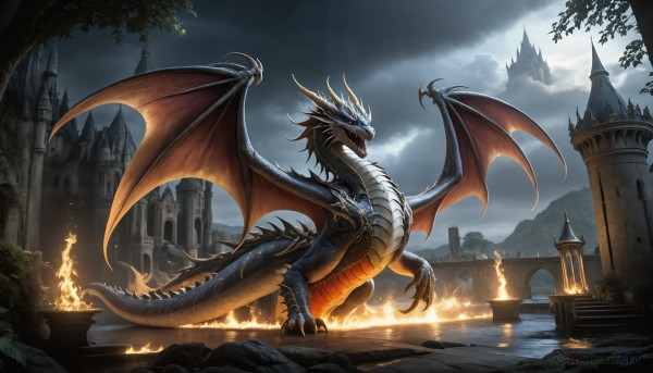 HQ,open mouth,tail,outdoors,wings,horns,sky,cloud,water,tree,no humans,cloudy sky,fire,building,scenery,claws,mountain,fantasy,dragon,dragon tail,scales,ruins,castle,tower,dragon wings,breathing fire,monster,stairs,architecture,bridge,flame