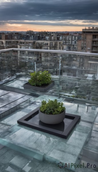 outdoors,sky,cloud,water,tree,no humans,window,sunlight,cloudy sky,plant,building,scenery,sunset,city,potted plant,road,cityscape,bridge,lamppost,street,skyscraper,day,blue sky