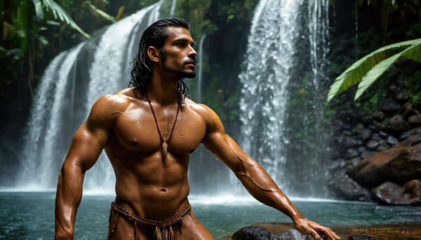 HQ,solo,long hair,black hair,1boy,navel,jewelry,nipples,male focus,outdoors,day,dark skin,water,necklace,stomach,blurry,tree,wet,muscular,facial hair,abs,dark-skinned male,pectorals,muscular male,nature,bara,beard,topless male,rock,realistic,manly,loincloth,navel hair,waterfall,dreadlocks,tribal,large pectorals,toned