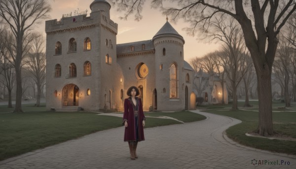 1girl,solo,looking at viewer,short hair,brown hair,shirt,black hair,long sleeves,brown eyes,standing,boots,outdoors,sky,cloud,tree,coat,window,brown footwear,building,scenery,walking,clock,road,house,wide shot,lamppost,bare tree,tower,church,bangs,cloudy sky,grass,robe,arms at sides