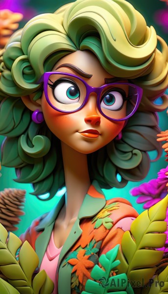 1girl,solo,looking at viewer,blush,short hair,blue eyes,shirt,jewelry,closed mouth,green eyes,upper body,flower,earrings,green hair,glasses,collared shirt,artist name,blurry,lips,eyelashes,makeup,leaf,floral print,plant,lipstick,eyeshadow,freckles,curly hair,pink shirt,print shirt,hawaiian shirt,food,open clothes,depth of field,watermark,portrait,purple-framed eyewear