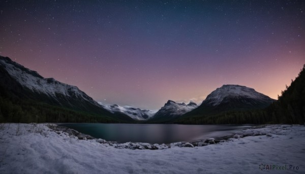 outdoors,sky,water,tree,no humans,night,star (sky),nature,night sky,scenery,snow,forest,starry sky,reflection,mountain,winter,river,landscape,mountainous horizon,lake,gradient sky,cloud