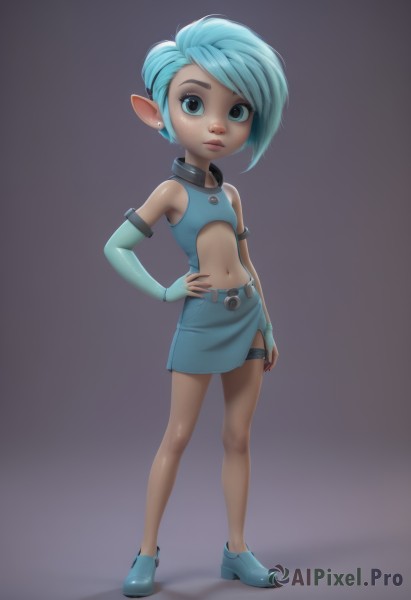 1girl,solo,looking at viewer,short hair,blue eyes,skirt,gloves,navel,bare shoulders,jewelry,blue hair,standing,full body,earrings,shoes,pointy ears,elbow gloves,midriff,belt,dark skin,miniskirt,fingerless gloves,nail polish,flat chest,dark-skinned female,lips,hand on hip,aqua hair,makeup,bridal gauntlets,pencil skirt,thigh strap,child,freckles