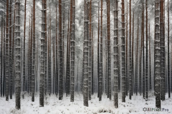 standing,monochrome,greyscale,outdoors,sky,tree,no humans,traditional media,grass,nature,scenery,snow,forest,spot color,bamboo,bamboo forest,snowing,winter