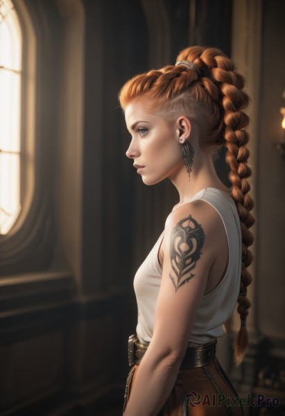 1girl,solo,long hair,breasts,looking at viewer,blue eyes,brown hair,shirt,bare shoulders,jewelry,closed mouth,white shirt,upper body,braid,earrings,small breasts,sleeveless,belt,pants,indoors,blurry,twin braids,from side,lips,grey eyes,window,sleeveless shirt,tattoo,profile,depth of field,blurry background,tank top,freckles,realistic,nose,arm tattoo,brown pants,hair pulled back,piercing