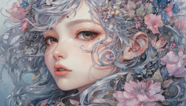 1girl,solo,long hair,looking at viewer,bangs,hair ornament,brown eyes,jewelry,flower,white hair,grey hair,parted lips,teeth,hair flower,lips,petals,eyelashes,makeup,portrait,close-up,pink flower,freckles,blue flower,nose,yellow eyes,floating hair,heterochromia,eyeshadow,realistic,painting (medium)