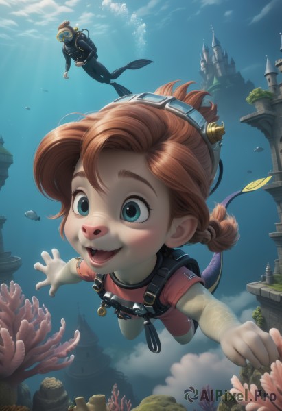 1girl,smile,short hair,open mouth,blue eyes,brown hair,1boy,tail,:d,teeth,ocean,monster girl,goggles,child,fish,bubble,goggles on head,underwater,air bubble,castle,starfish,swimming,submerged,diving mask,freediving,coral,wetsuit,diving,blush,water,bodysuit,overalls,mermaid,fins,dolphin