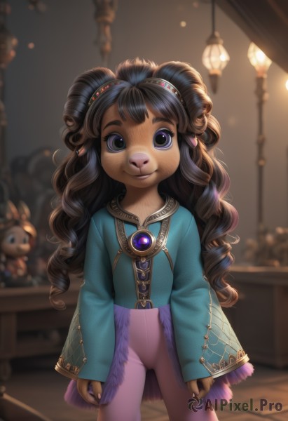 1girl,solo,long hair,looking at viewer,smile,blue eyes,brown hair,shirt,black hair,long sleeves,jewelry,closed mouth,standing,pants,indoors,dark skin,nail polish,blurry,black eyes,dark-skinned female,sleeves past wrists,depth of field,blurry background,stuffed toy,blue shirt,brooch,gem,child,furry,curly hair,furry female,female child,lamp,purple pants,pink pants,hair ornament,necklace,flat chest,lips,wavy hair,drill hair,stuffed animal,doll