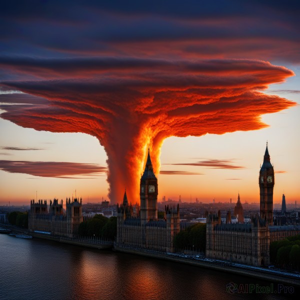 outdoors,sky,cloud,water,tree,no humans,cloudy sky,fire,building,scenery,reflection,sunset,city,sun,clock,cityscape,river,skyscraper,tower,clock tower,fantasy,road,bridge,castle,lake,scarlet devil mansion