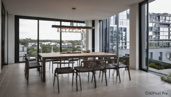 outdoors,sky,day,indoors,tree,cup,no humans,window,chair,table,plant,building,scenery,reflection,city,door,clock,cityscape,stool,restaurant,cafe,cloud,curtains,wooden floor,tiles,bush,tile floor