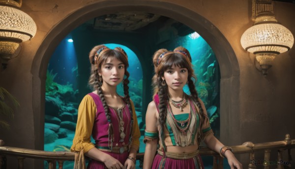 long hair,looking at viewer,smile,bangs,multiple girls,skirt,brown hair,hair ornament,navel,2girls,brown eyes,jewelry,braid,earrings,midriff,necklace,hair bun,twin braids,bracelet,lips,night,siblings,moon,sisters,twins,lantern,realistic,railing,lamp,fringe trim,multiple braids,parted lips,indoors,crop top,double bun,aquarium