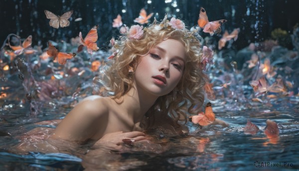 1girl,solo,long hair,looking at viewer,blonde hair,hair ornament,collarbone,flower,nude,parted lips,artist name,signature,hair flower,water,blurry,lips,bug,butterfly,partially submerged,freckles,fish,underwater,realistic,bare shoulders,jewelry,closed eyes,upper body,watermark,pink flower