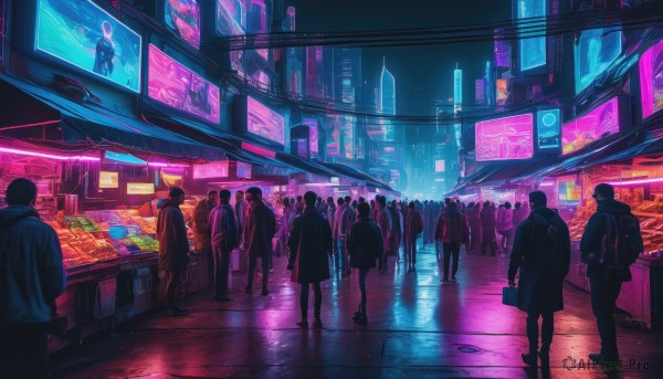 short hair,multiple girls,standing,outdoors,multiple boys,bag,from behind,coat,night,6+girls,backpack,building,scenery,reflection,walking,science fiction,6+boys,city,road,cityscape,crowd,city lights,cyberpunk,neon lights,people,6+others,holding,jacket,hood,sign,dark,street,shop,holographic interface,hologram