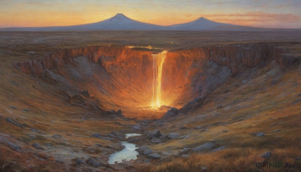 A breathtaking sunset outdoors featuring a waterfall