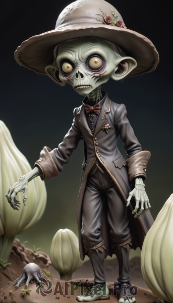 solo,looking at viewer,1boy,hat,bow,standing,jacket,full body,yellow eyes,flower,male focus,shoes,teeth,pants,bowtie,coat,rose,colored skin,black pants,formal,suit,skull,monster,green skin,mushroom,horror (theme),goblin,gloves,long sleeves,pointy ears,white gloves,red bow,black jacket,white footwear,red bowtie,hat ornament,hat flower,grey skin,skeleton