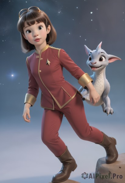 1girl,solo,looking at viewer,smile,short hair,bangs,brown hair,long sleeves,brown eyes,standing,jacket,full body,boots,sky,pants,black eyes,lips,night,holding hands,brown footwear,goggles,star (sky),night sky,red jacket,starry sky,goggles on head,rock,realistic,red pants,pet,open mouth,holding,closed mouth,teeth,claws,creature