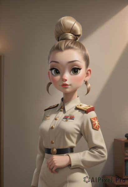 1girl,solo,breasts,looking at viewer,blush,short hair,blonde hair,brown hair,long sleeves,brown eyes,jewelry,closed mouth,green eyes,standing,jacket,cowboy shot,earrings,belt,pants,indoors,hair bun,uniform,lips,military,military uniform,makeup,buttons,single hair bun,epaulettes,black belt,white pants,red lips,hair pulled back,military jacket,medal,upper body,eyelashes,lipstick,nose,badge