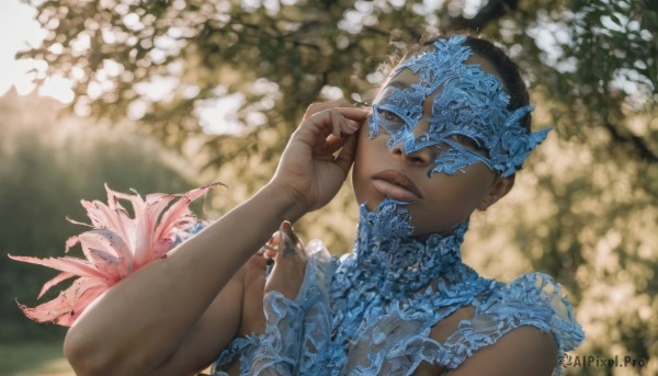 1girl,solo,short hair,black hair,1boy,closed eyes,upper body,flower,male focus,outdoors,parted lips,hand up,dark skin,blurry,lips,mask,depth of field,blurry background,dark-skinned male,realistic,very short hair,looking at viewer,dress,jewelry,closed mouth,sleeveless,portrait,facing viewer