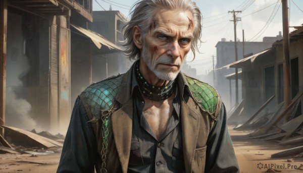 HQ,solo,looking at viewer,short hair,blue eyes,shirt,1boy,closed mouth,collarbone,jacket,upper body,white hair,grey hair,male focus,outdoors,open clothes,sky,day,collared shirt,vest,collar,blood,facial hair,scar,building,beard,scar on face,injury,city,realistic,mustache,manly,ruins,old,power lines,dirty,old man,utility pole,dirty face,dust,cloud,brown jacket