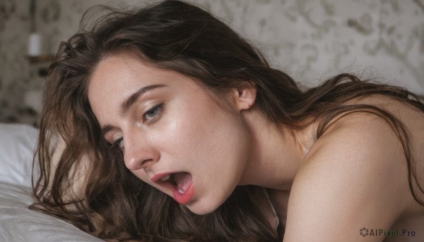 1girl,solo,long hair,looking at viewer,open mouth,blue eyes,brown hair,nude,lying,teeth,tongue,indoors,mole,blurry,lips,grey eyes,bed,blurry background,on bed,upper teeth only,on side,messy hair,portrait,freckles,realistic,nose,bare shoulders,tongue out,from side,pillow