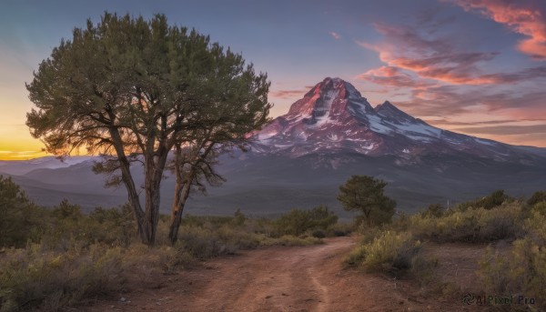 outdoors,sky,cloud,tree,blue sky,no humans,sunlight,cloudy sky,grass,nature,scenery,forest,sunset,mountain,sun,road,evening,landscape,mountainous horizon,gradient sky,path,sunrise,hill,twilight,orange sky