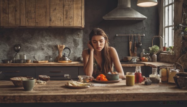 1girl,solo,long hair,brown hair,bare shoulders,brown eyes,sitting,closed eyes,food,sleeveless,indoors,cup,window,fruit,table,sunlight,bottle,knife,plant,plate,bowl,head rest,realistic,spoon,basket,bread,egg,kitchen,jar,sink,counter,cutting board,breasts,closed mouth,day,lips,freckles,apple,potted plant,ladle,tomato,onion