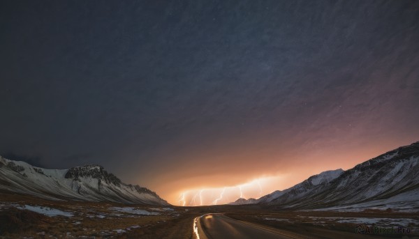 outdoors,sky,cloud,water,no humans,beach,star (sky),scenery,snow,sunset,mountain,sand,sun,horizon,landscape,mountainous horizon,sunrise,desert,night,cloudy sky,night sky,starry sky,electricity,lightning