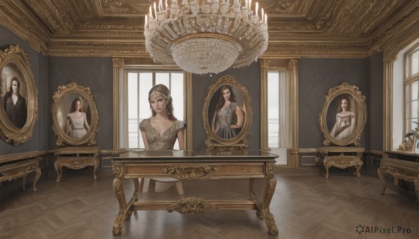 1girl,solo,long hair,breasts,looking at viewer,bangs,multiple girls,brown hair,black hair,dress,bare shoulders,brown eyes,sitting,closed mouth,standing,short sleeves,indoors,white dress,window,chair,table,sunlight,scenery,reflection,wooden floor,mirror,statue,painting (object),reflective floor,different reflection,chandelier,cleavage,jewelry,medium breasts,collarbone,formal,suit,tiara,carpet