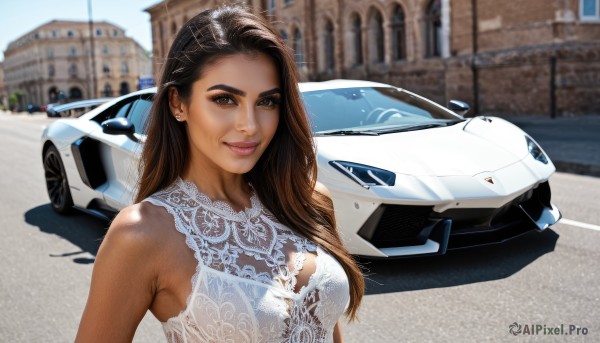 1girl,solo,long hair,breasts,looking at viewer,smile,brown hair,dress,cleavage,brown eyes,jewelry,medium breasts,upper body,earrings,outdoors,sleeveless,day,dark skin,white dress,blurry,dark-skinned female,lips,blurry background,ground vehicle,building,motor vehicle,realistic,car,hair behind ear,vehicle focus,sports car,bare shoulders,mole,makeup,sleeveless dress,shadow,lipstick,stud earrings,photo background