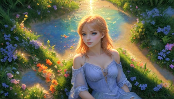 HQ,1girl,solo,long hair,breasts,looking at viewer,blush,smile,bangs,blue eyes,blonde hair,dress,cleavage,bare shoulders,medium breasts,sitting,collarbone,upper body,braid,flower,outdoors,parted lips,day,water,off shoulder,white dress,lips,see-through,blue dress,sunlight,grass,nature,corset,french braid,realistic,off-shoulder dress,orange hair,from above,plant,scenery,river,orange flower