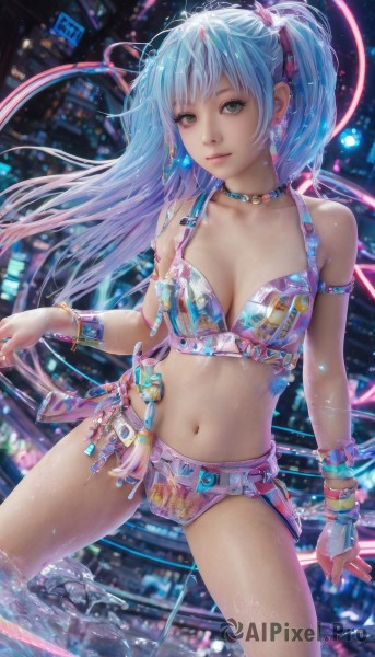 1girl,solo,long hair,breasts,looking at viewer,smile,bangs,hair ornament,gloves,navel,cleavage,bare shoulders,twintails,jewelry,medium breasts,closed mouth,underwear,green eyes,blue hair,standing,collarbone,swimsuit,bikini,multicolored hair,earrings,midriff,belt,artist name,water,necklace,stomach,nail polish,blurry,bracelet,aqua eyes,lips,wet,aqua hair,armlet,wading,realistic,nose,cowboy shot,outdoors,shorts,choker,fingerless gloves,star (symbol),short shorts,night,blurry background,watermark,building,web address,single glove,beads,water drop,pink lips,car,cyberpunk,multicolored bikini,neon lights,bikini shorts