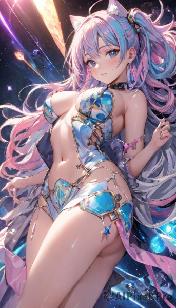 1girl,solo,long hair,breasts,looking at viewer,blush,bangs,blue eyes,large breasts,hair ornament,navel,animal ears,cleavage,bare shoulders,jewelry,medium breasts,closed mouth,blue hair,standing,pink hair,ass,ahoge,thighs,multicolored hair,cowboy shot,earrings,choker,cat ears,hand up,stomach,nail polish,streaked hair,animal ear fluff,bare arms,one side up,cat girl,revealing clothes,extra ears,gold trim,center opening,very long hair,sleeveless,two-tone hair,tattoo,black choker,pelvic curtain,space