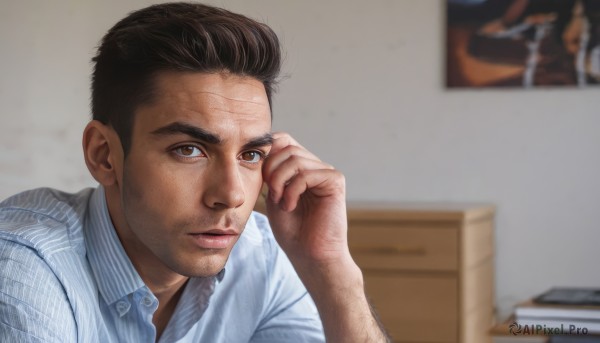 solo,looking at viewer,short hair,brown hair,shirt,black hair,1boy,brown eyes,closed mouth,white shirt,upper body,male focus,striped,collared shirt,indoors,hand up,blurry,lips,book,dress shirt,blurry background,facial hair,blue shirt,hand on own face,striped shirt,realistic,nose,stubble,vertical-striped shirt,arm hair,reference inset,scar,portrait,beard,scar on face,meme,book stack