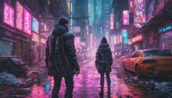 1girl, short hair, black hair, 1boy, standing, jacket, outdoors, from behind, night, ground vehicle, scenery, motor vehicle, science fiction, rain, city, sign, car, road, street, cyberpunk, neon lights