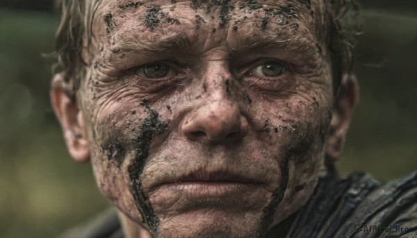 solo,looking at viewer,short hair,brown hair,1boy,closed mouth,male focus,blurry,black eyes,blurry background,facial hair,scar,portrait,close-up,realistic,manly,dirty,smile,black hair,signature,grey eyes,beard