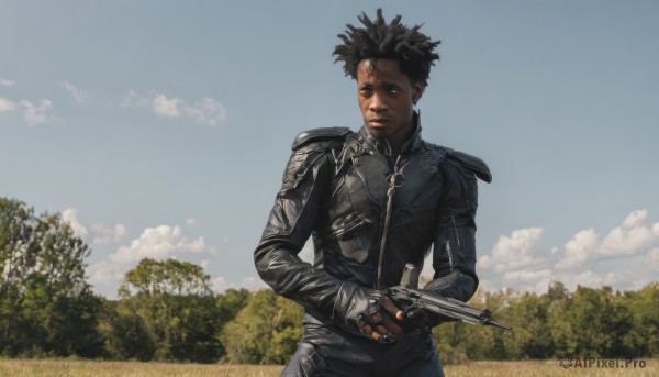 solo,looking at viewer,short hair,brown hair,black hair,gloves,1boy,holding,brown eyes,jewelry,closed mouth,jacket,weapon,male focus,earrings,outdoors,sky,day,black gloves,cloud,dark skin,fingerless gloves,holding weapon,armor,black eyes,tree,blue sky,gun,dark-skinned male,holding gun,nature,handgun,realistic,leather,revolver,leather jacket,dreadlocks,scenery,science fiction